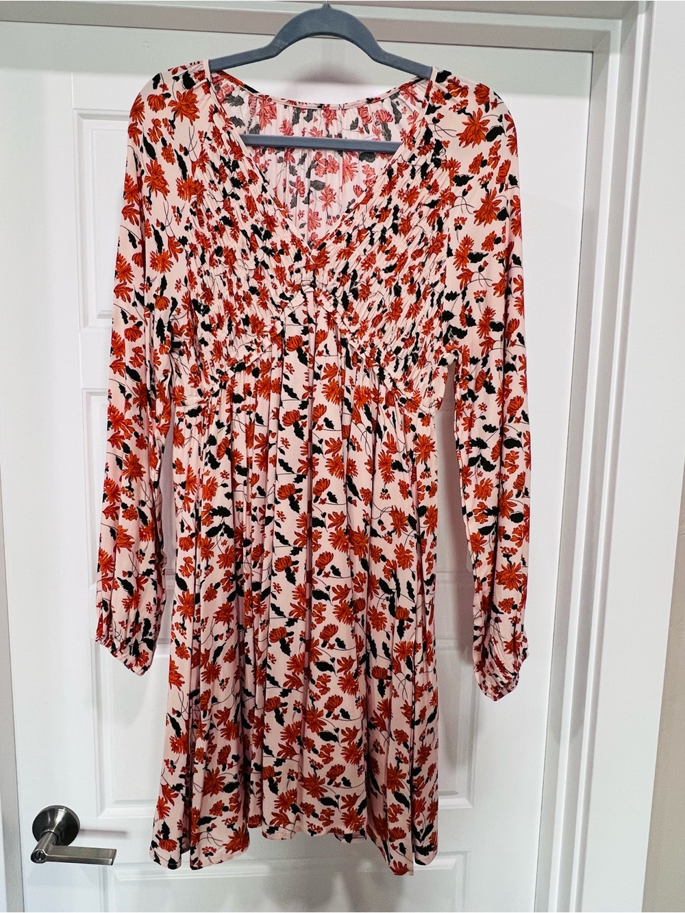 Floral Long-Sleeve V-Neck Dress in Peach and Orange